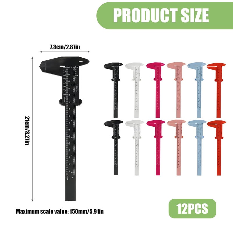 TNJPSEK 12 Pack Plastic Vernier Caliper, 150mm Eyebrow Measuring Tool, Mini Sliding Ruler Caliper Gauge for Students DIY Crafts School Office Tattoo Eyebrow Artists Use (6 Color, 0-6"/0-150mm) - Image 2